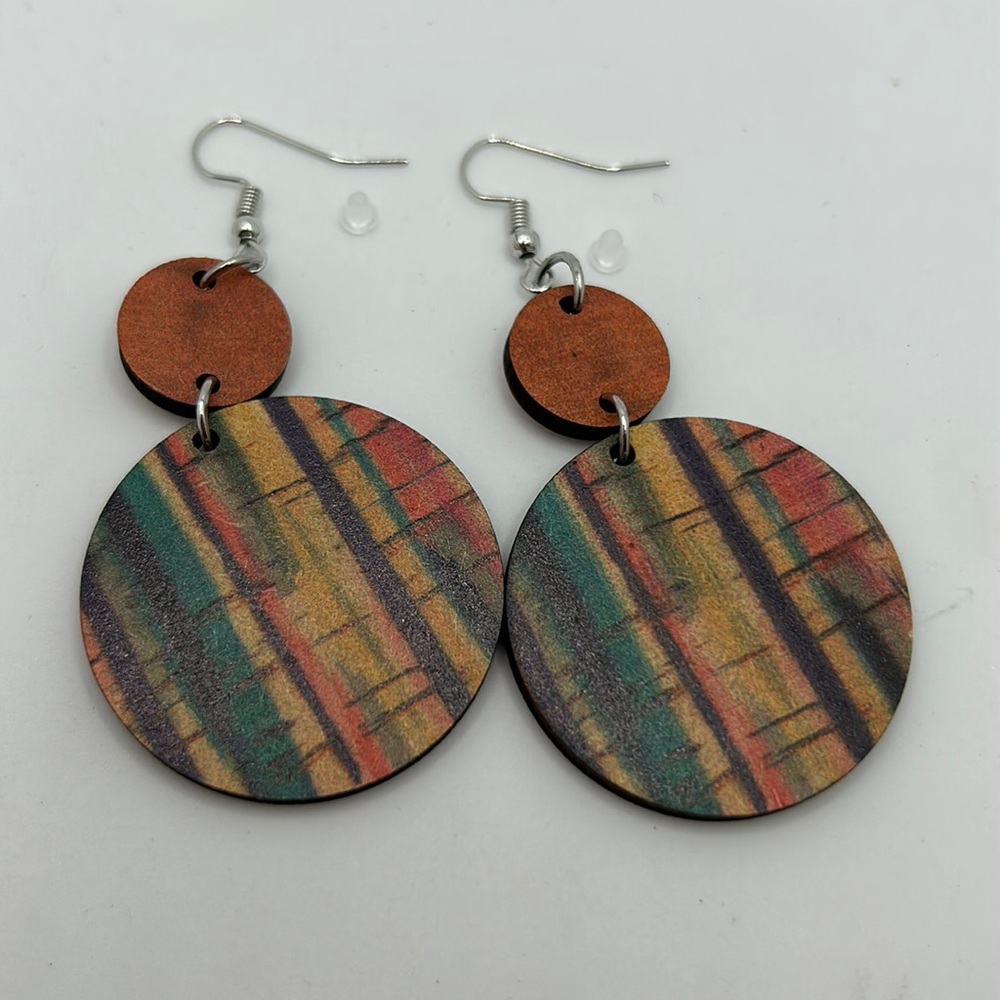 Wooden Fashion Earrings Round Circles modern Art Vertical lines